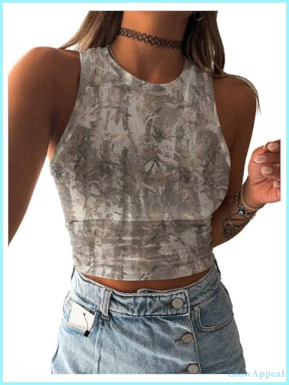 Women's Camo Graphic Crewneck Fitted Crop Tank Top Sleeveless Summer